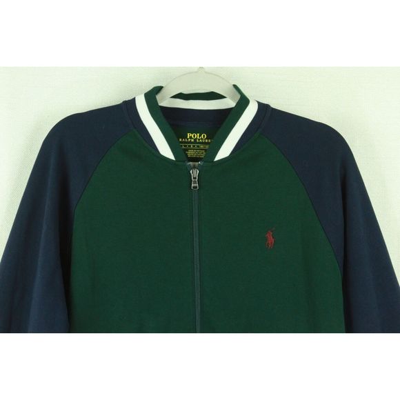 Polo Ralph Lauren Track Jacket Navy Blue Green Full Zip 100% Cotton Mens L - Picture 3 of 8